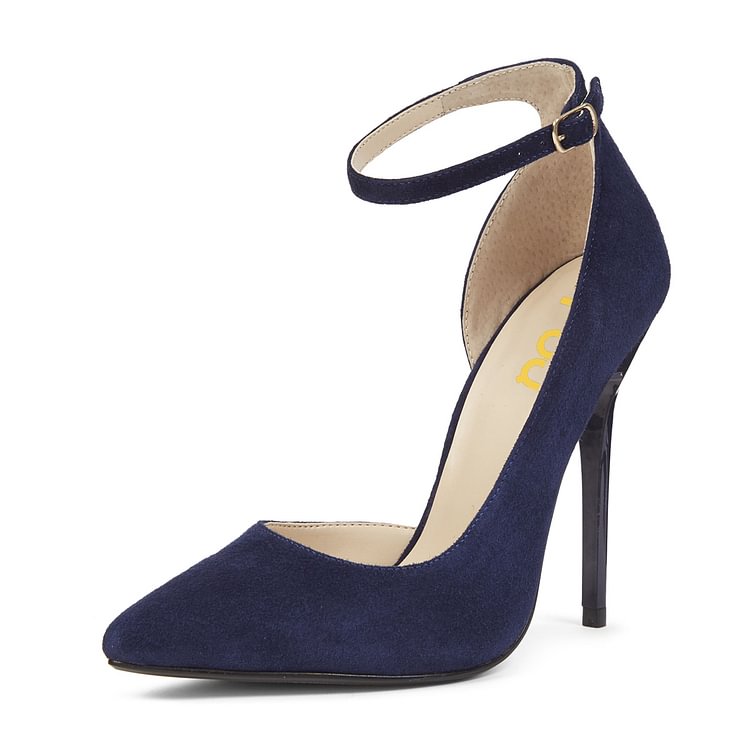 Navy Ankle Strap Heels Pointy Toe Suede Stiletto Heels Pumps |FSJ Shoes