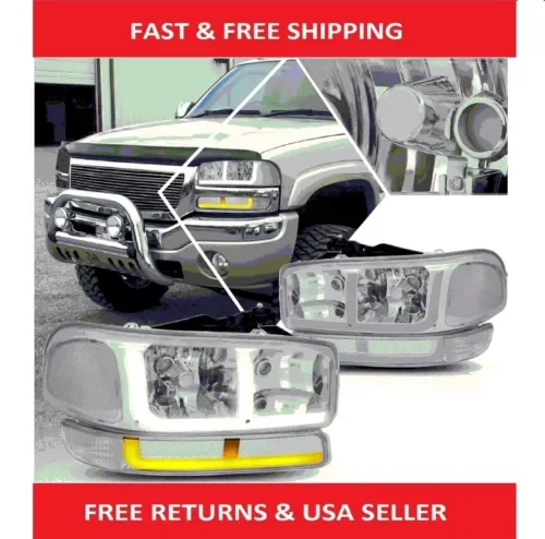 Dronehint For 99-07 GMC Sierra 1500 2500HD 3500HD Classic LED DRL Headlights Chrome/Clear (For: GMC) Parts