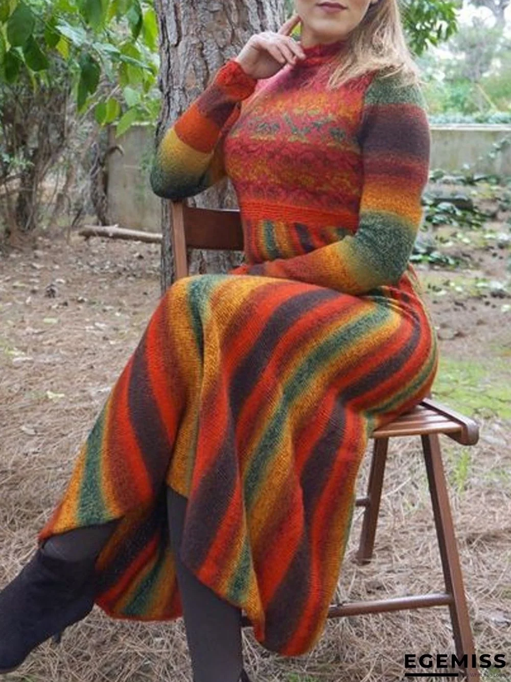 Elegant Long Sleeve Printed Patchwork Sweater Dress | EGEMISS