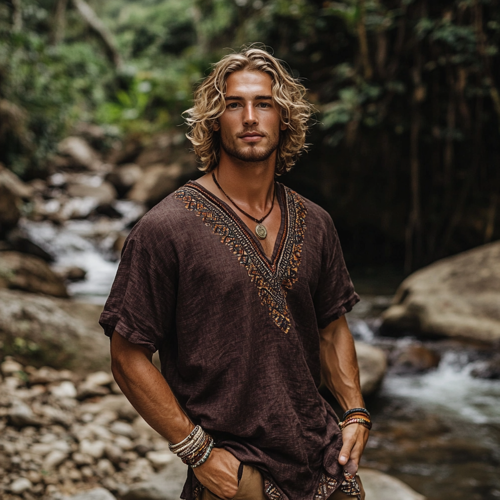 Men's Bohemian Forest Style Retro Linen Totem Print Casual Tops T-shirt-inspireuse