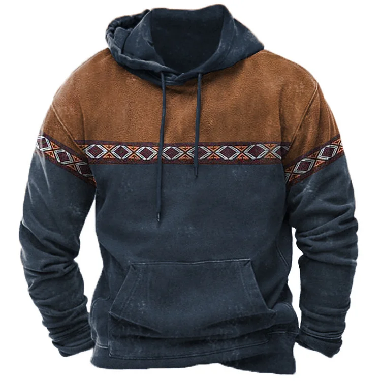 Men's Vintage Western Ethnic Split Print Hoodie Top