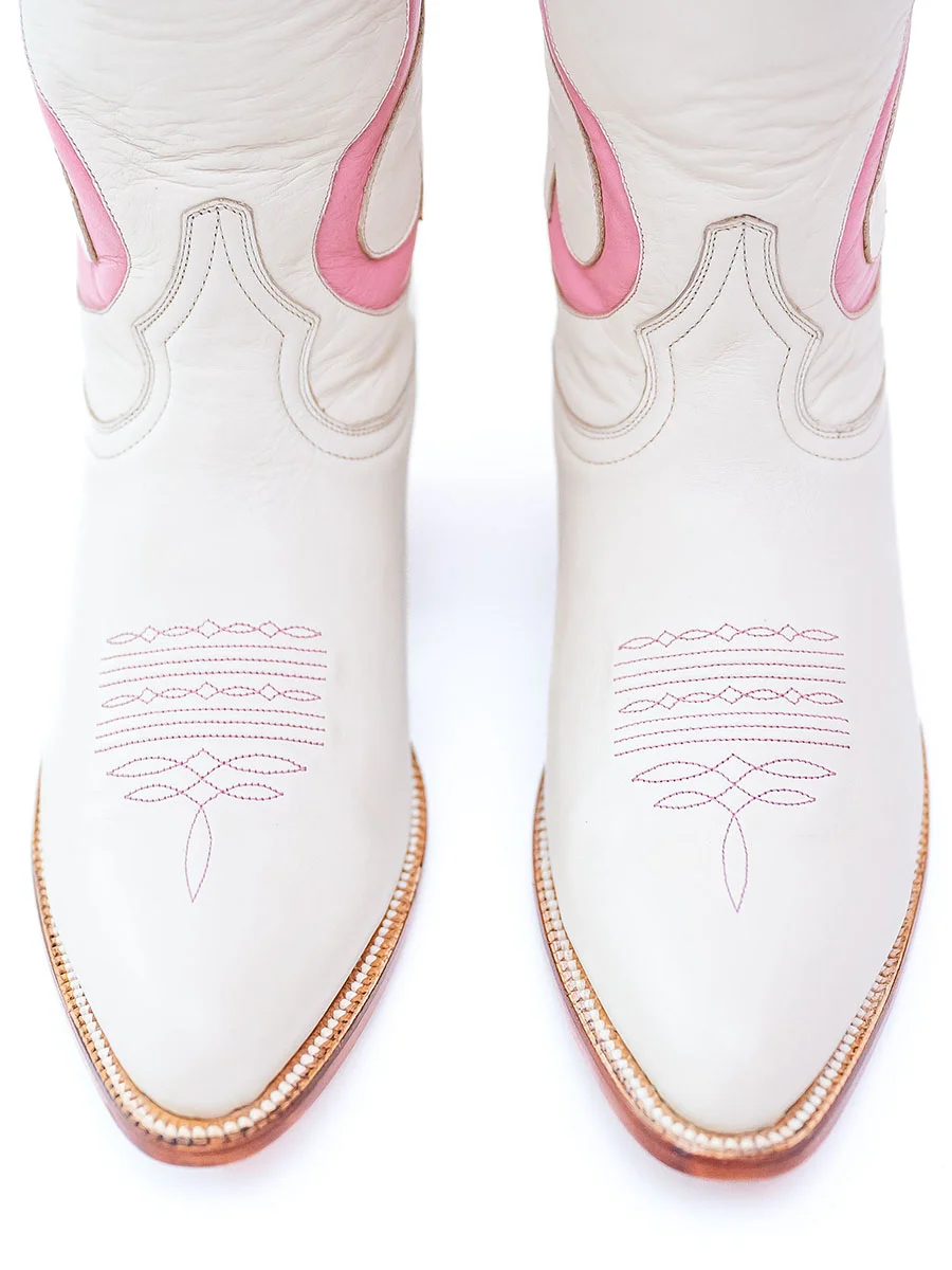 White Pointed Toe Pink Bow Inlay Knee High Cowgirl Boots With Chunky Heel