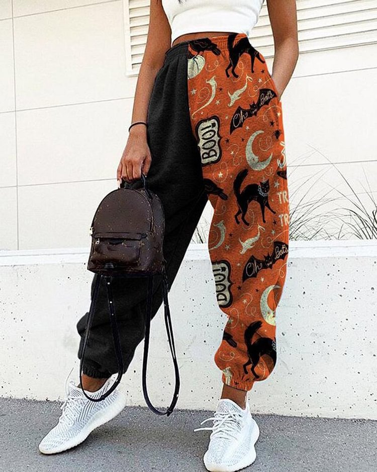 Colorblock & Halloween Graphic Pattern Dual Pocket Joggers For Women - Shop Trendy Women's Clothing | LoverChic