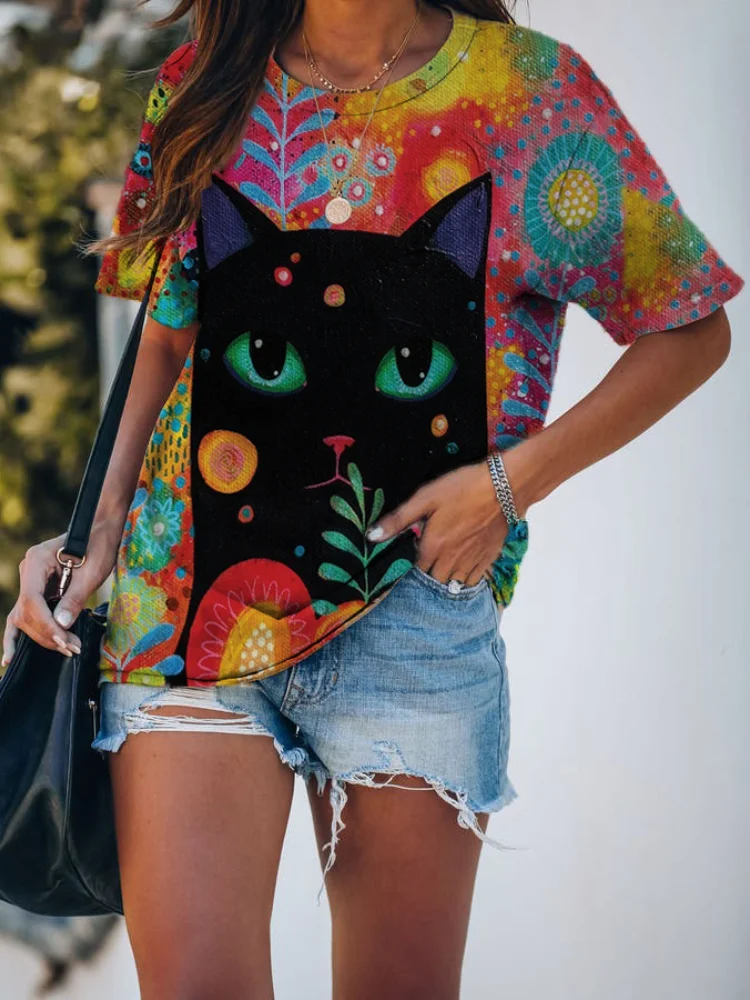 Cat Garden Printed Loose Fit Casual Tee