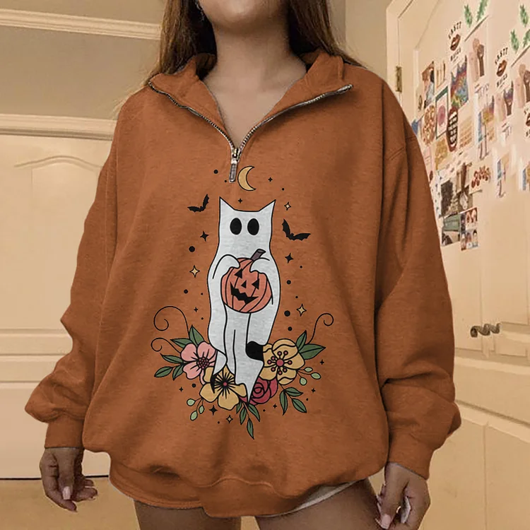 Vefave Halloween Floral Cat Print Sweatshirt
