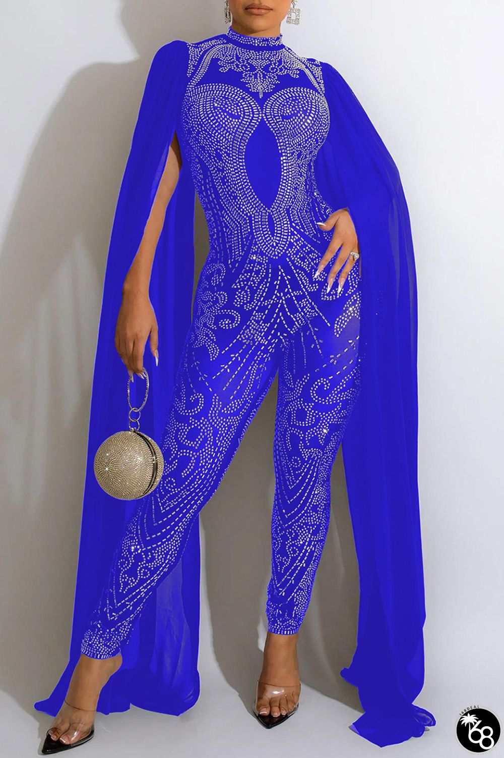 Blue Elegant Solid Patchwork Mesh Hot Drill Half A Turtleneck Skinny Jumpsuits | 168DEAL