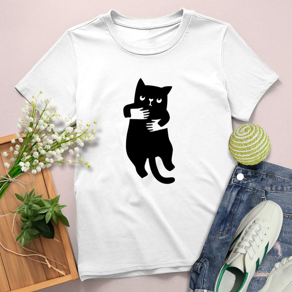 Hug the Cat Round Neck T-shirt-0025188-Guru-buzz