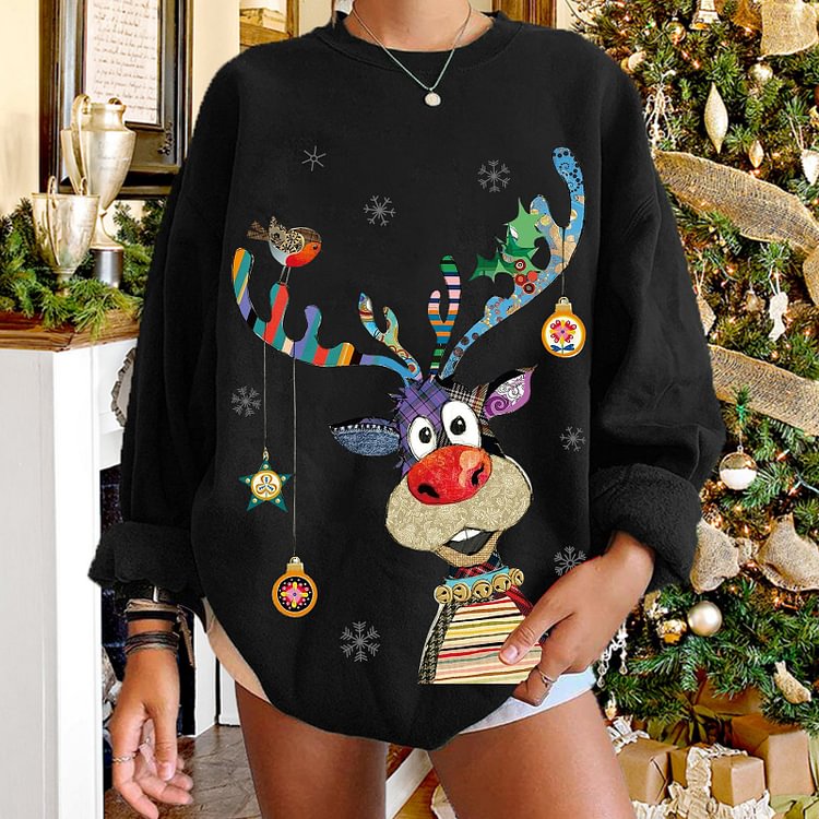 Christmas Elk Print Round Neck Long Sleeve Sweatshirt