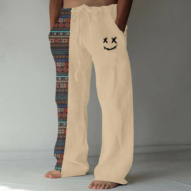 Broswear Men's Colorful Geometric & Smile Face Print Patchwork Pants