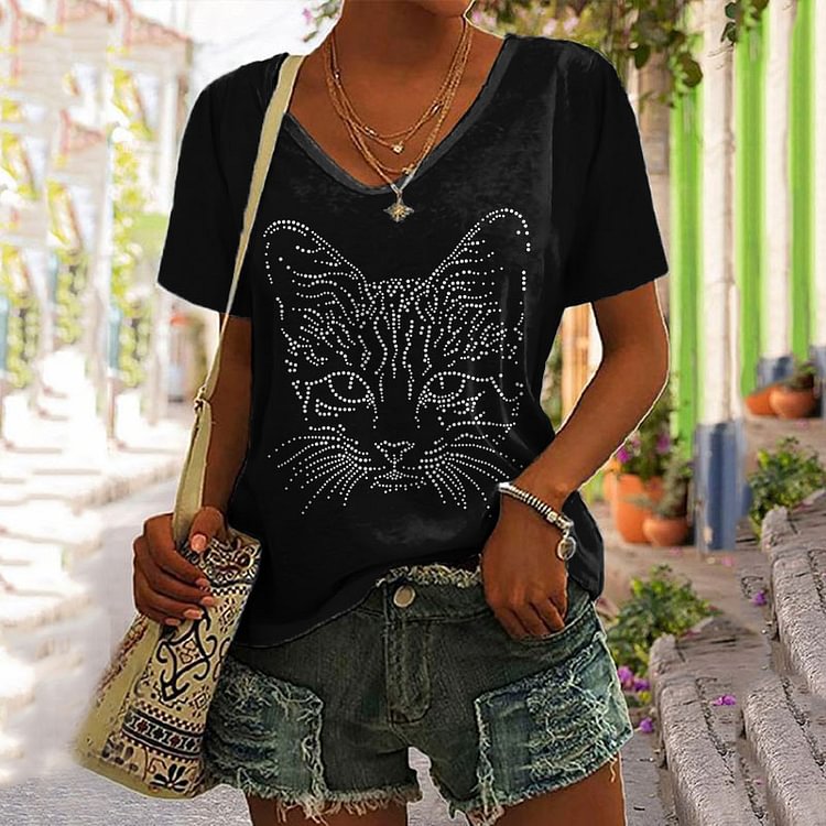 Casual Cat Print Short Sleeve T-Shirt
