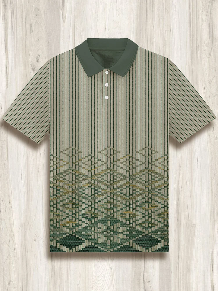 Men's Geometric Art Diamond Pattern Striped Polo Shirt