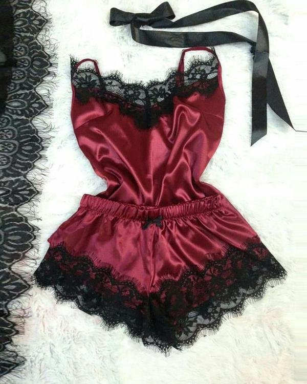Eyelash Lace Insert Satin Pajama Set