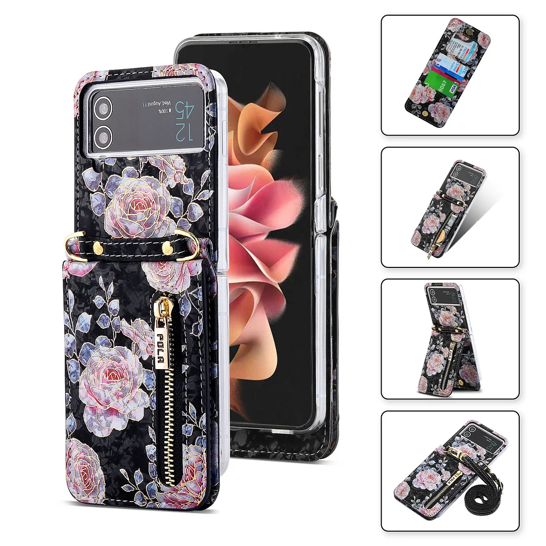  Crossbody Leather Rose Hot Stamping Phone Case With 4 Cards Slot,Zipper Slot,Kickstand And Lanyard For Galaxy Z Flip3/Z Flip4/Z Flip5