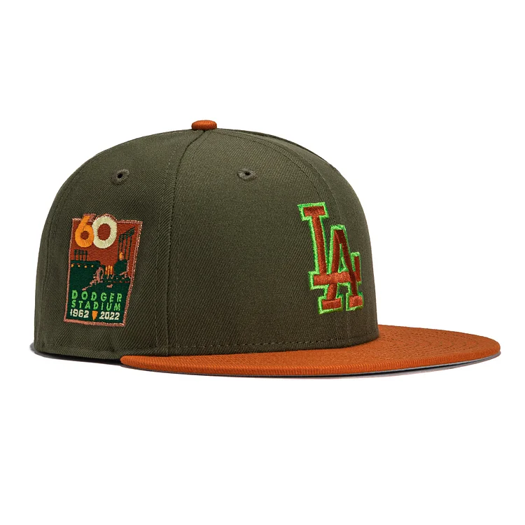 New Era 59Fifty Los Angeles Dodgers 60th Anniversary Stadium Patch Hat - Olive, Burnt Orange QueenFunky