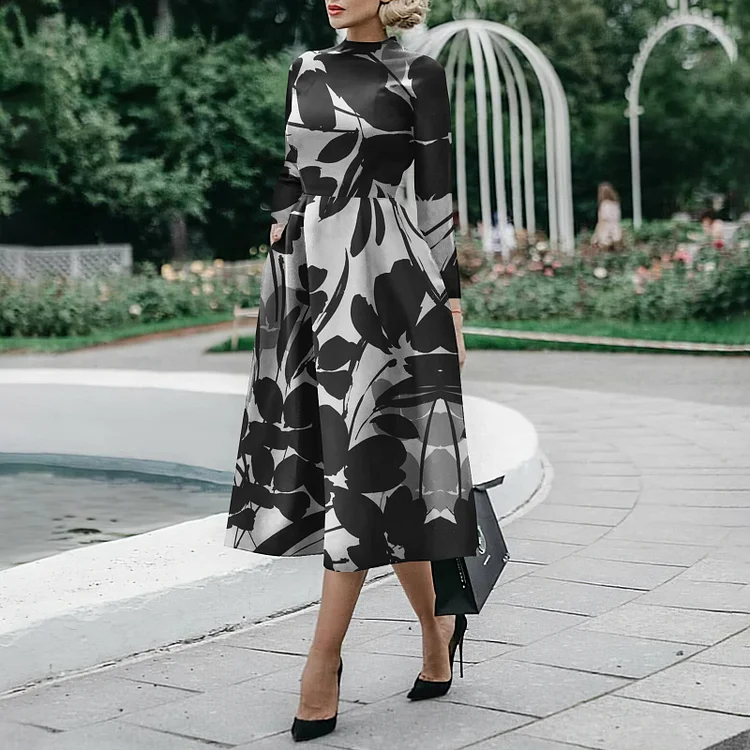 Vefave Elegant Floral Print A Swing Midi Dress