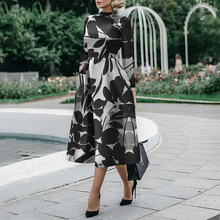Elegant Floral Print A Swing Midi Dress