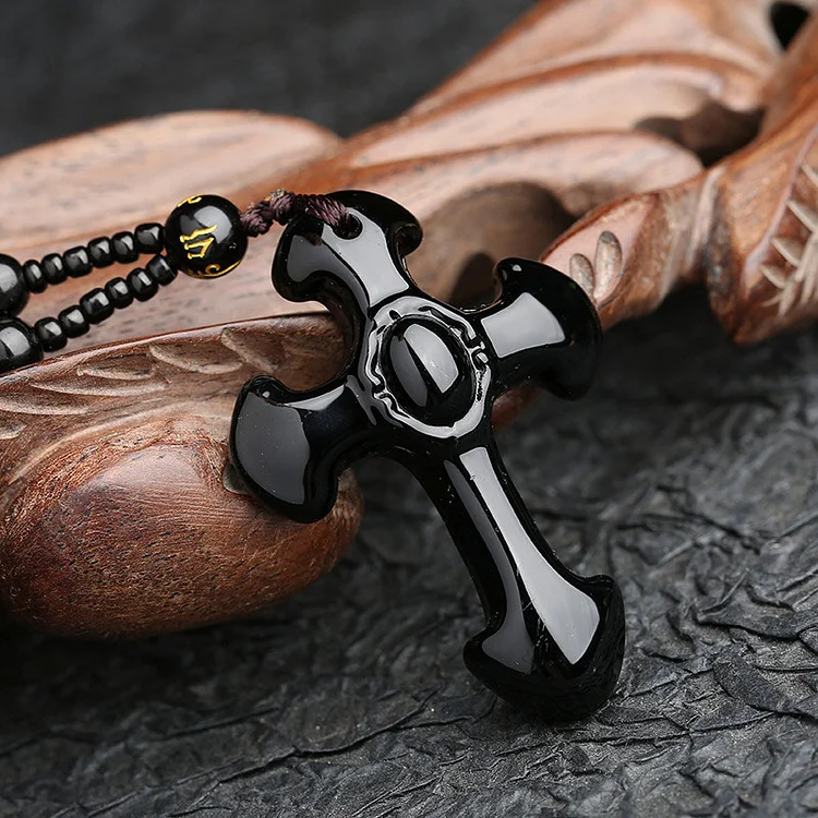 Obsidian Chakra Necklace in Cross Symbol