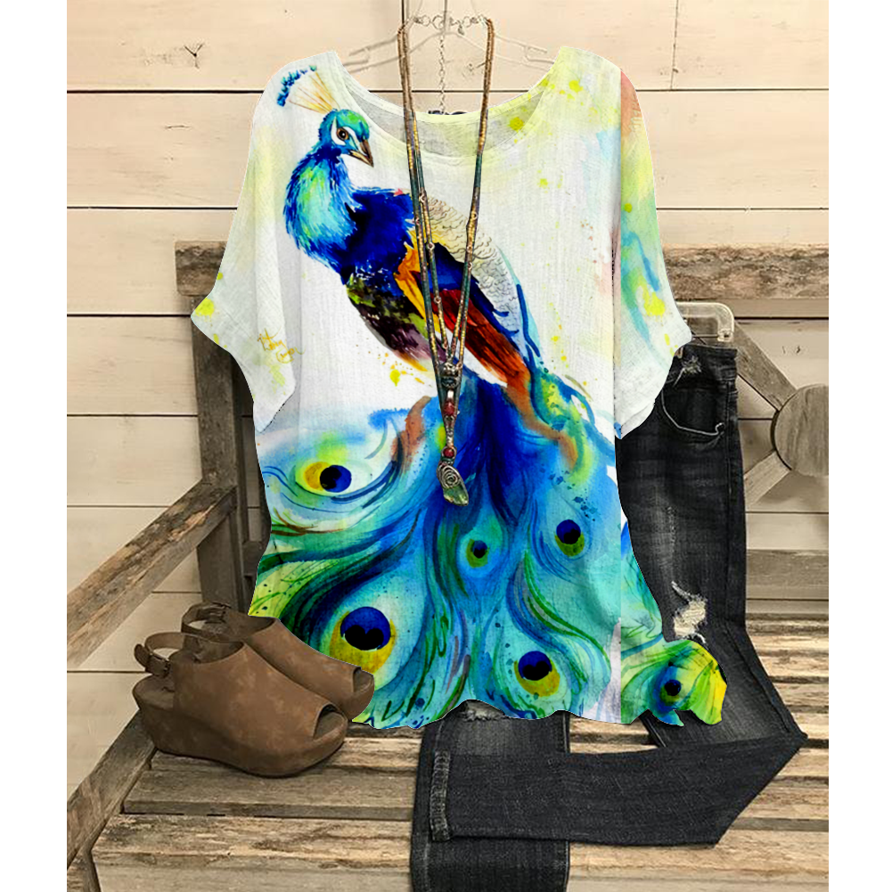 Peacock Print Round Collar Short Sleeves Loose T-Shirt