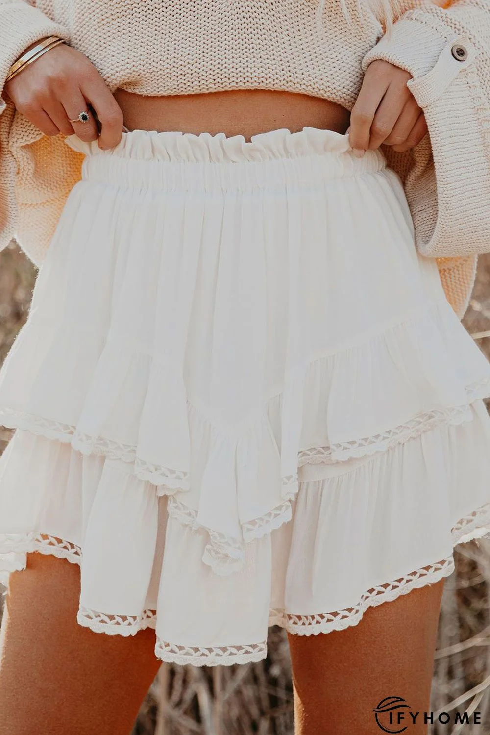 White Solid Color High Waist Tiered Crochet Ruffle Mini Skirt | IFYHOME