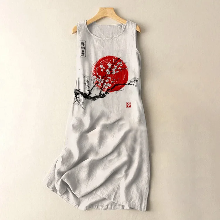 Comstylish Vintage Japanese Ink Flower Sunrise Art Print Sleeveless Cotton And Linen Midi Dress