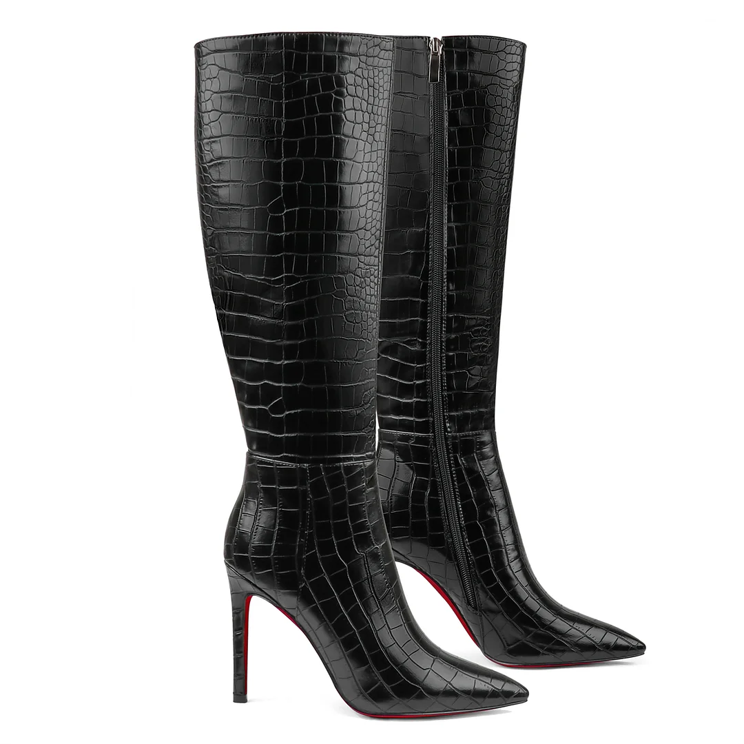 100mm Fashion Zipper Leather Red Bottoms High Heels Knee Boots-vocosishoes