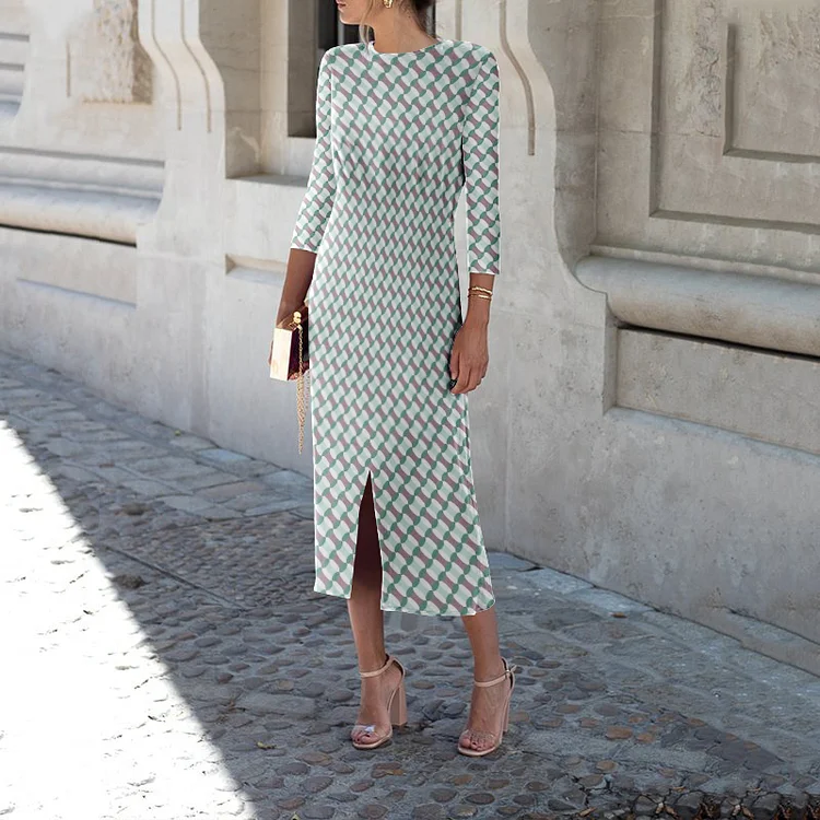 Vefave Fashionable Commuter Geometric Print Midi Dress