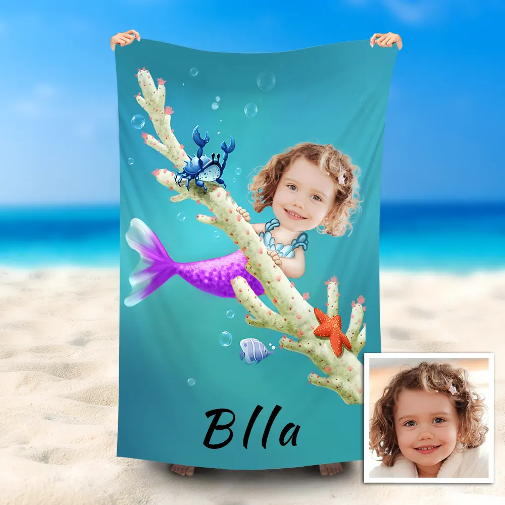 Custom Photo Beach Towel, Quick Dry Bath Towel, Cute Mermaid Swimming Towel