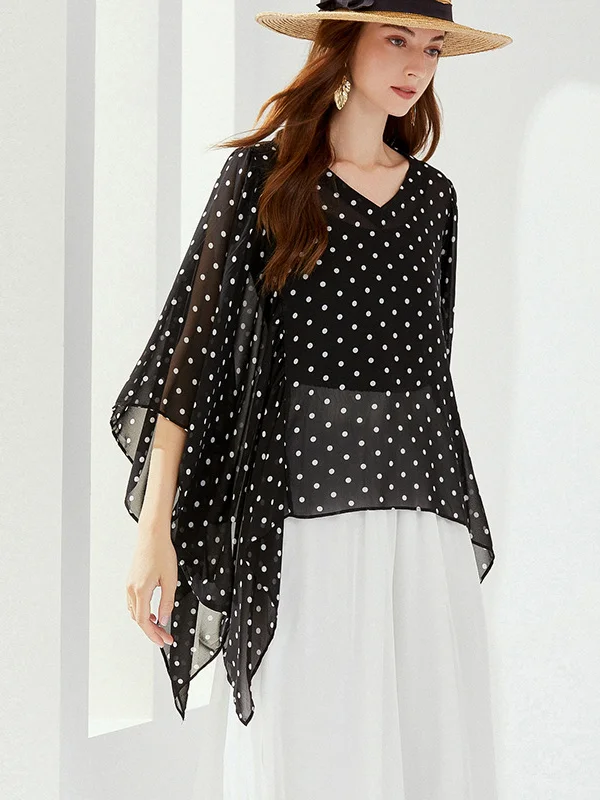 Original Roomy Chiffon Polka-Dot Irregular Shirt Top