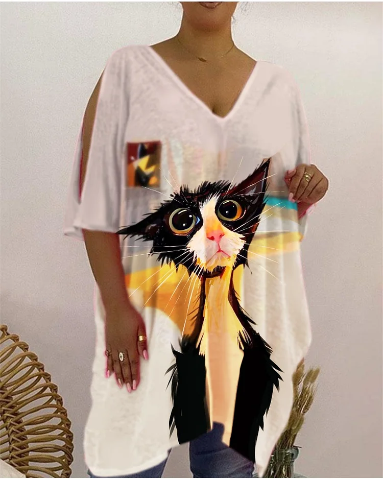 Casual deep V cat picture loose T-shirt