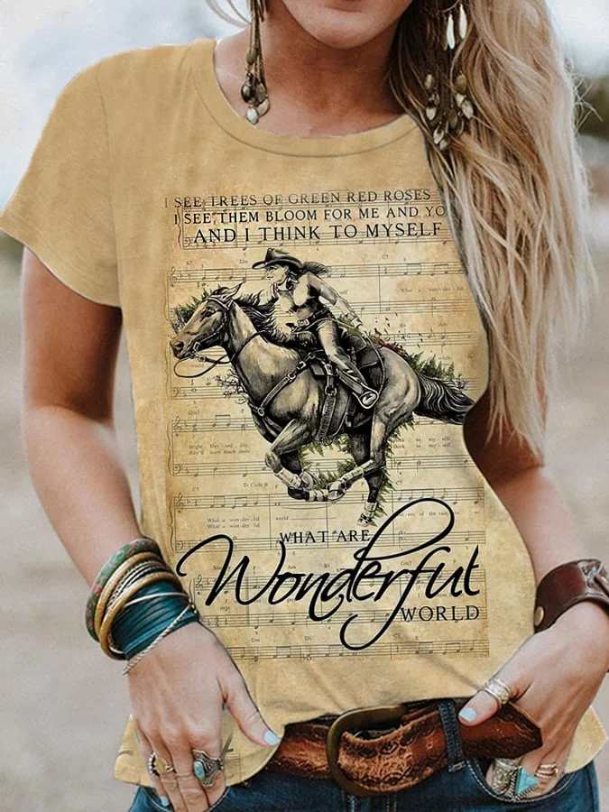 Women's Vintage What Are Wonderful World Cowgirl Print Casual Tee