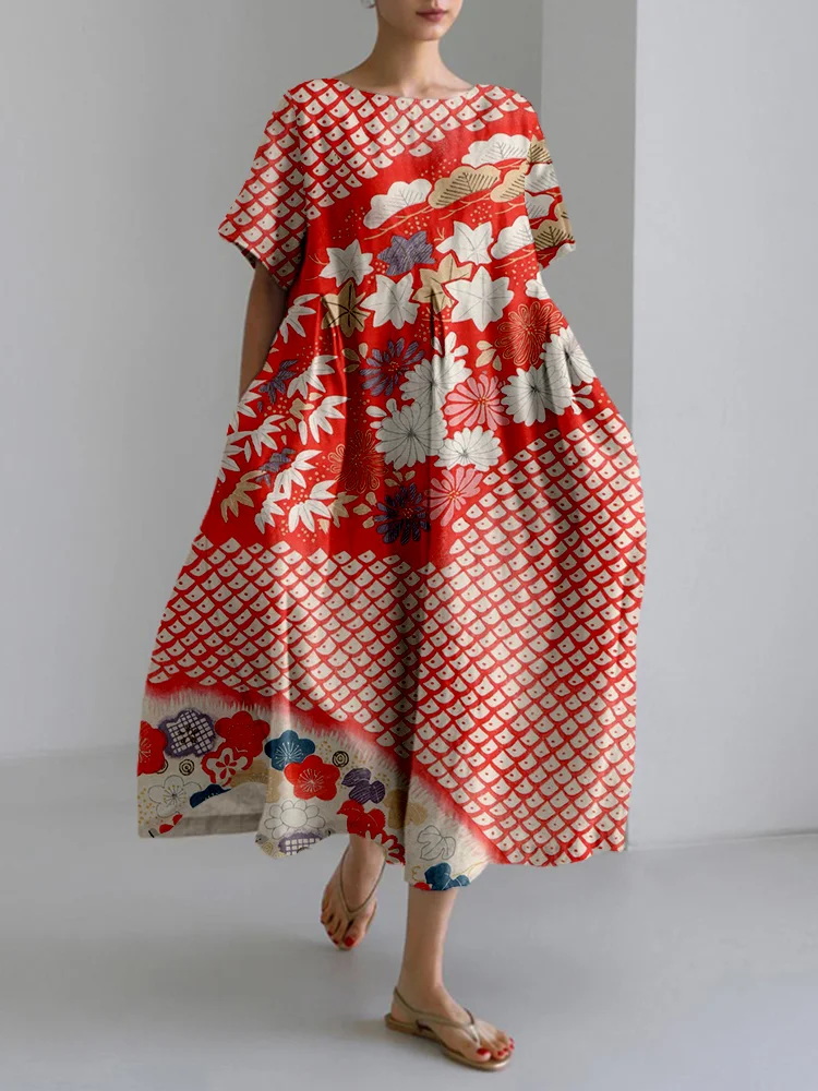 Comstylish Vintage Japanese Pattern Linen Blend Cozy Maxi Dress