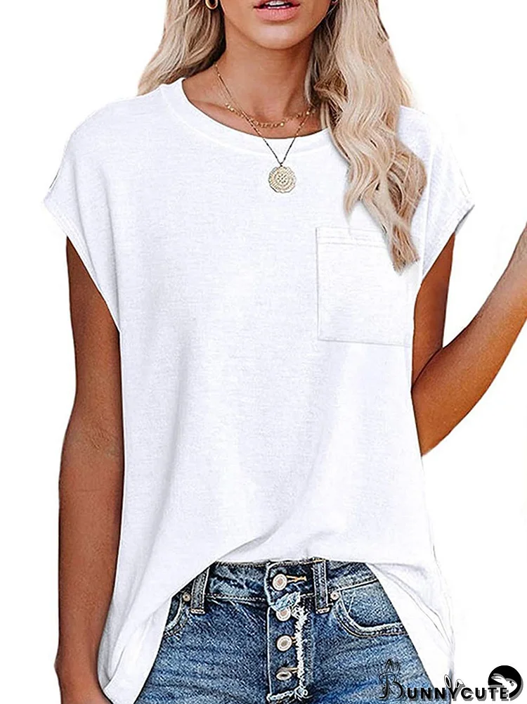Simple Cotton-Blend Short Sleeves Round-Neck T-Shirt Top