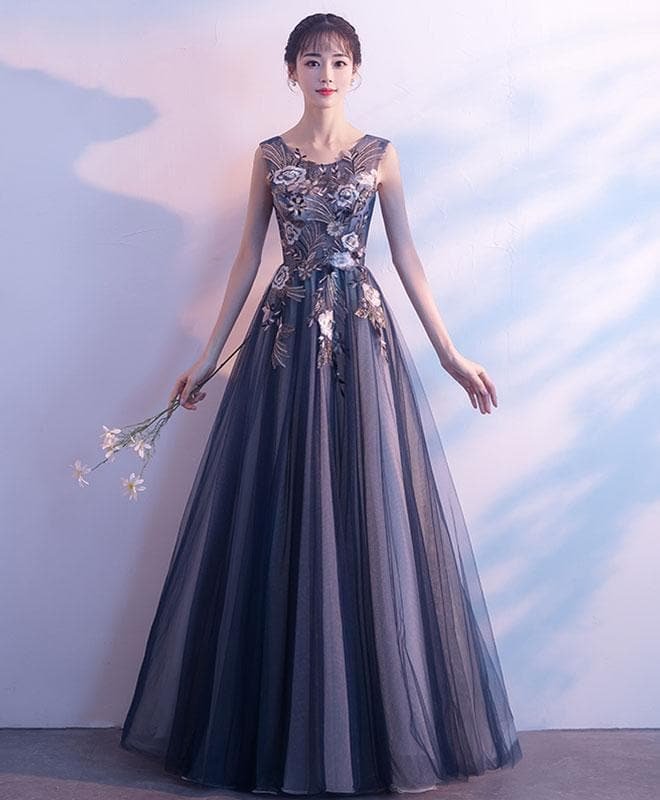 Dark Gray Tulle Lace Long Prom Dress