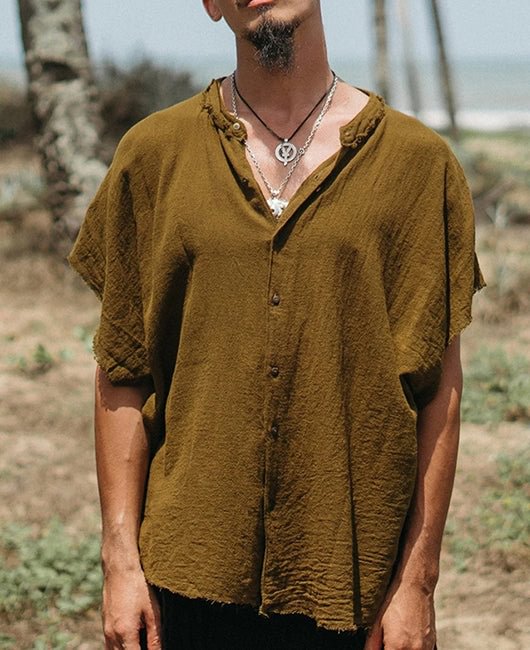 Casual Plain Raw Hem Short Sleeve Loose Linen Shirt
