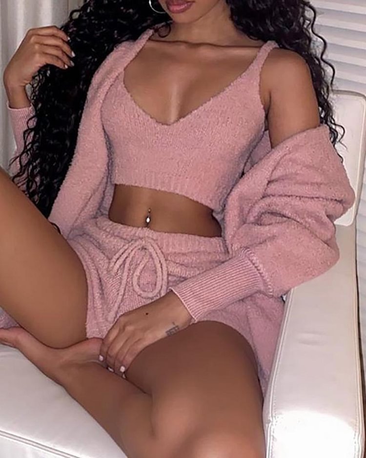 Solid Fluffy Long Sleeve 3PCS Sets P15140