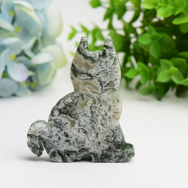 3.2" Moss Agate Cat Slab Crystal Carving