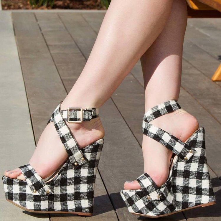 Black and White Plaid Heeled Wedges Open Toe Crisscross Strap Sandals |FSJ Shoes