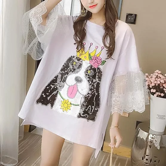 White/Pink Cute Dog Midi Shirt SP1812529