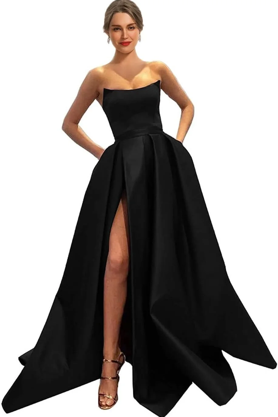 Satin Strapless Sleeveless High-Waisted Long A-Line Prom Dress With Pleated And High Split | LY0116 Wellcucu
