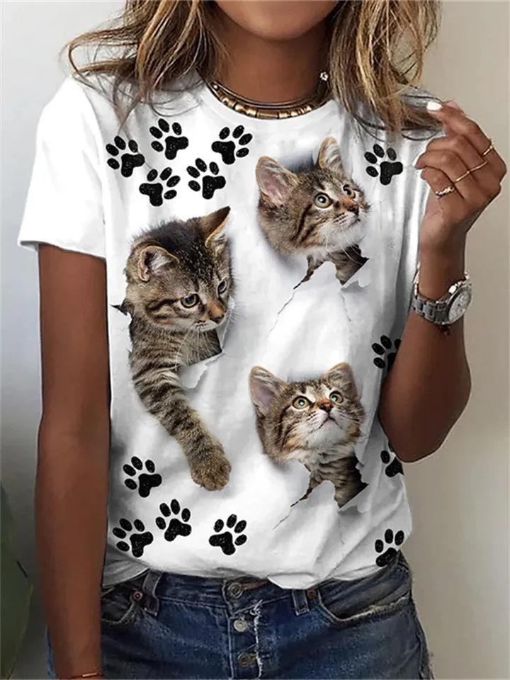 Summer Ladies Pop Animal Cat Print Short Sleeve Round Neck T-shirt Large Size T-shirt-JRSEE