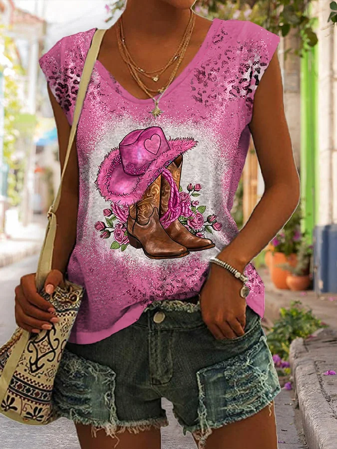 Women'S Rose And Cowgirl Heart Hat Leopard Print V Neck Tank Top