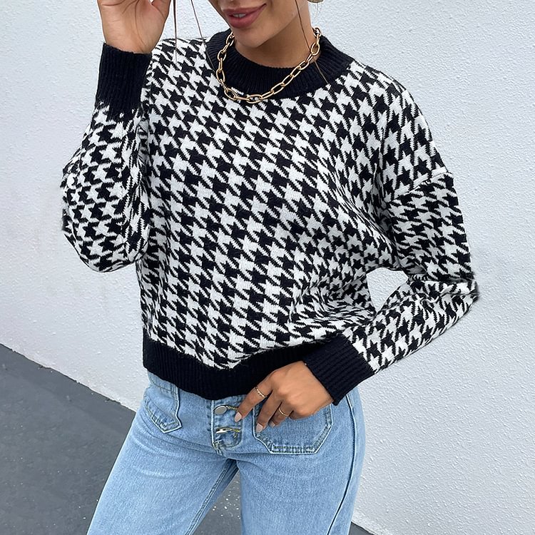 Comstylish Crewneck Pullover Knit Houndstooth Sweater