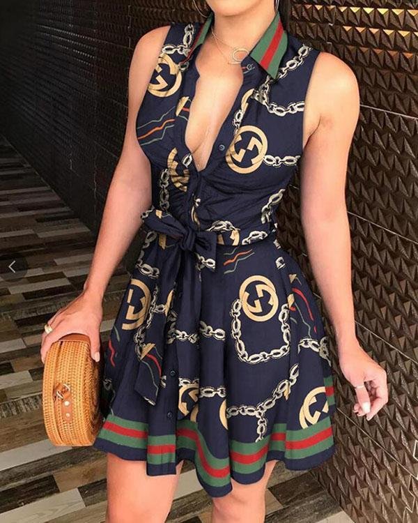 Chain Print Tie Waist Sleeveless Shirt Dress P129537