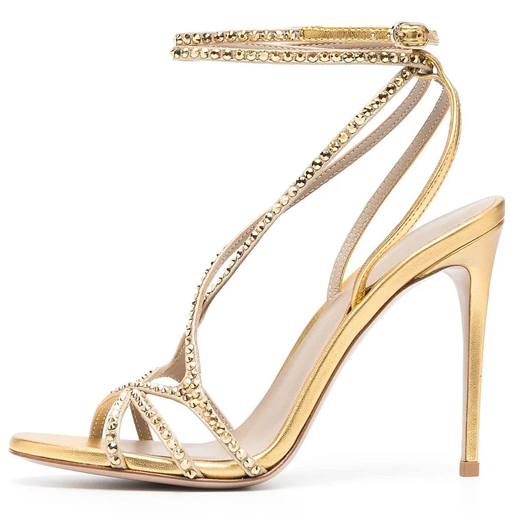Women's Gold Ankle Strap Heels Open Toe Strappy Rhinestone Sandals |FSJ Shoes