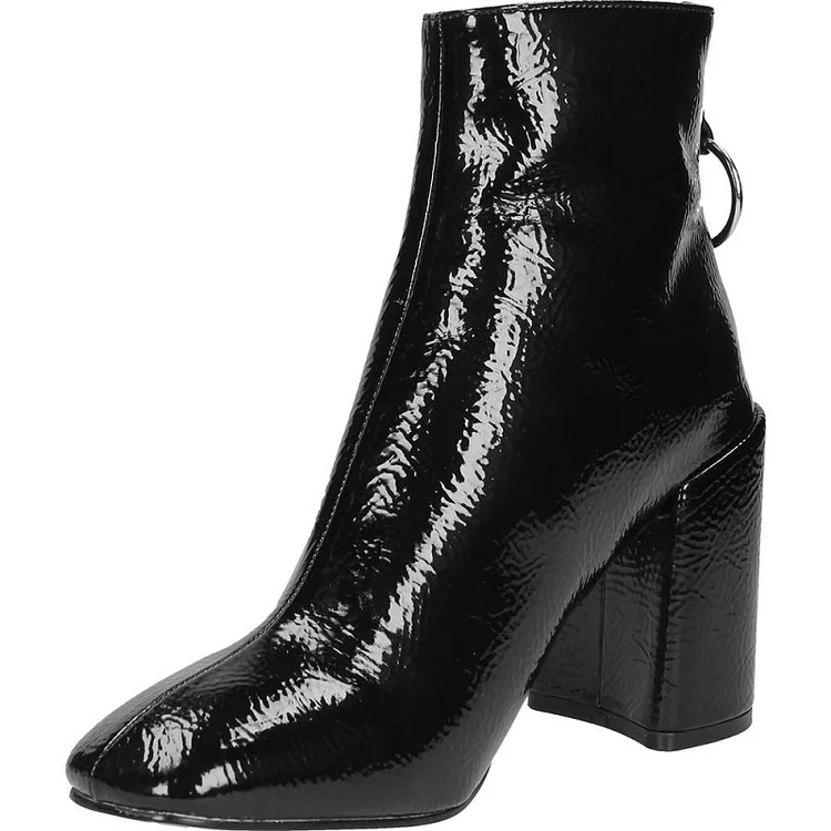 Black Patent Leather Square Toe Chunky Heel Boots Zipper Ankle Boots |FSJ Shoes