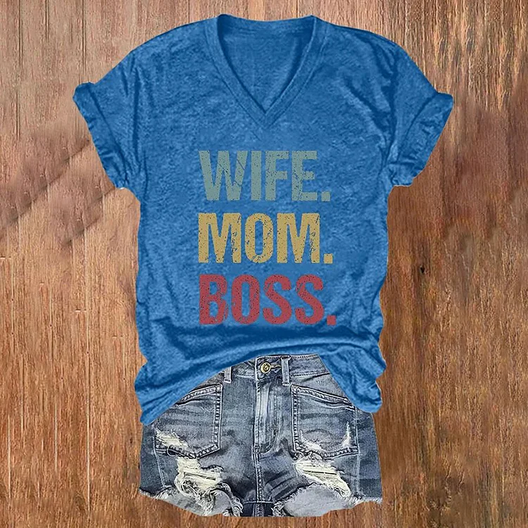 Comstylish Mother's Day Wife Mom Boss Printed V-Neck T-Shirt