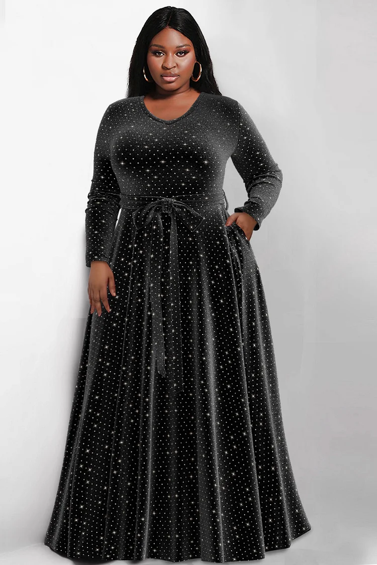 Plus Size Church Dress Black V-Neck Shiny Velvet Long Sleeve Maxi Dress With Pocket [Pre-Order]