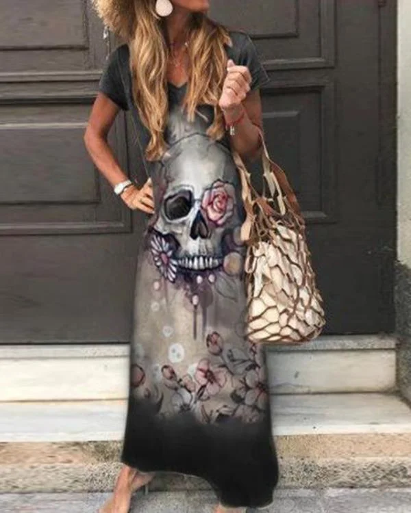 Skull Floral Print Sleeveless Casual Maxi Dress