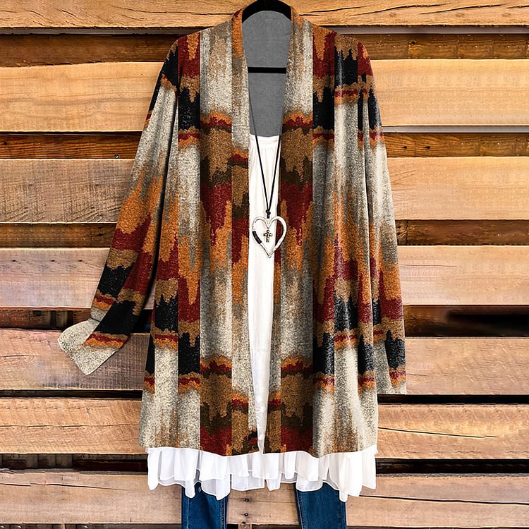 Vefave Vintage Western Print Casual Cardigan