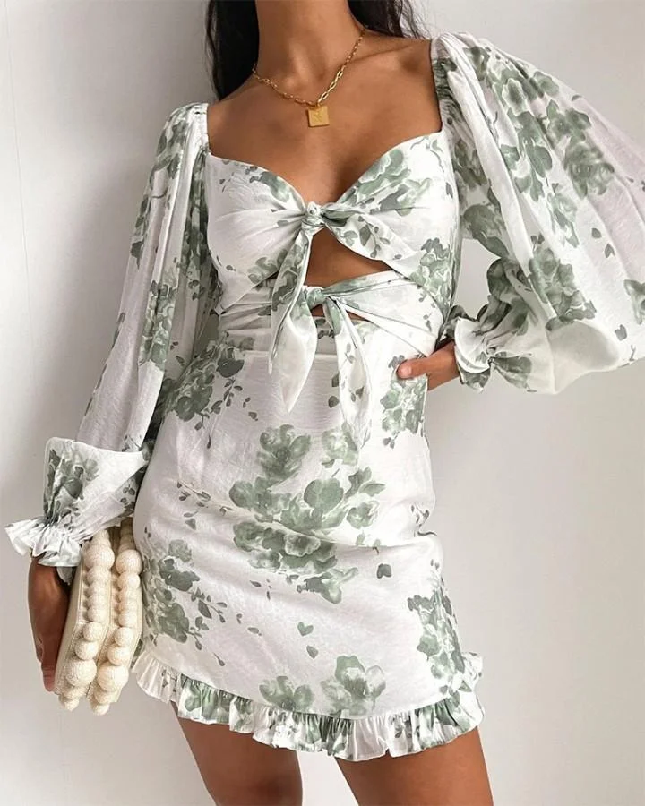 Floral Print Long Sleeve Slim Mini Dress P11879